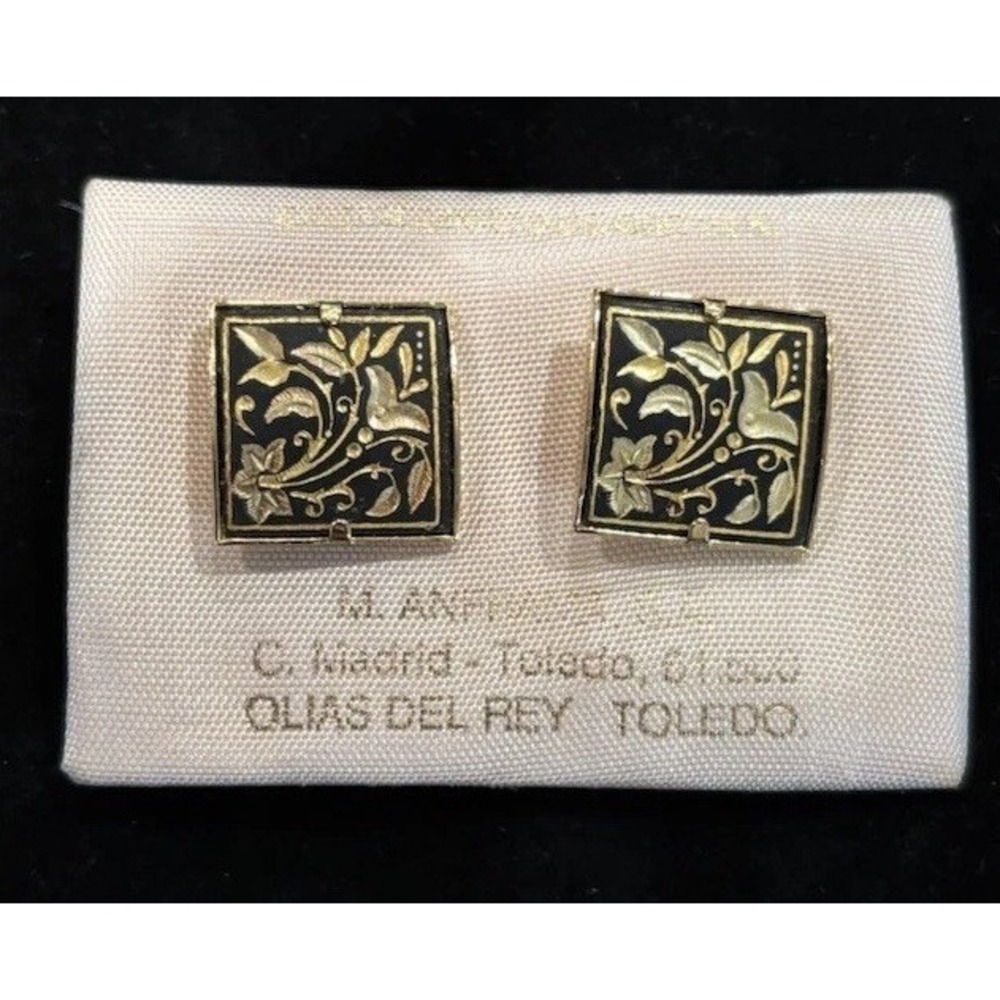 VTG DAMASCENE Madrid Spain Toledo 24k Gold Encrusted Lily Flower Earrings